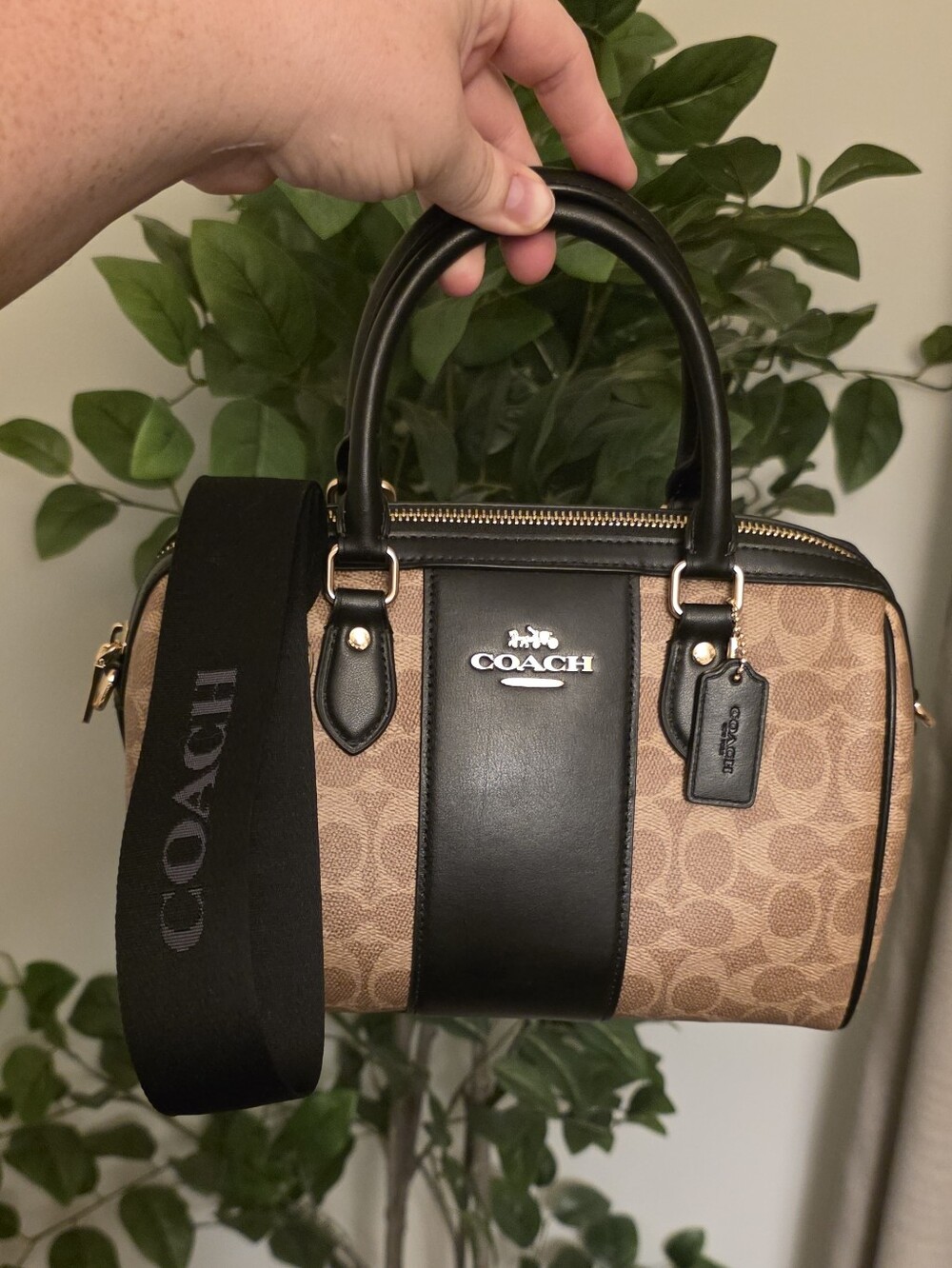COACH Brown Signature Canvas Rowan w/ Black Stripe and Webbed Crossbody Strap